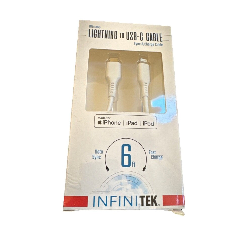 InfiniTek Lightening‎ To USB-C Sync & Charge Cable iPhone In White 6 Feet NIB
